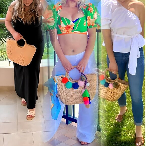 Women Straw Tote Hand-Woven Beach Bag Summer Clutch Crossbody Fashion - Picture 6 of 7